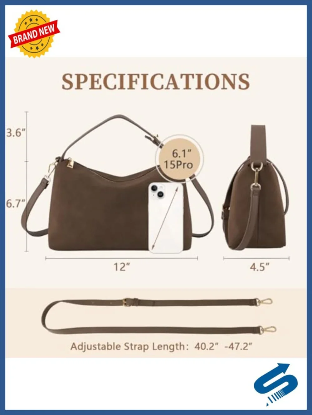 Brown Suede Leather Hobo Tote Crossbody Bag with Zipper